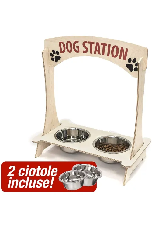 Dog Station - Porta ciotola in legno per cane e gatto, doppio alloggio per set di ciotole acqua e cibo